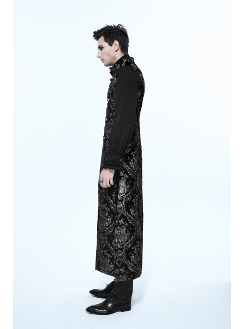 Gothic Spiral Buckle Decorated Gold Court Jacquard Long Black Vest