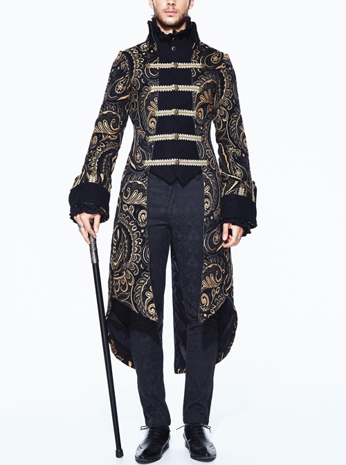 Gothic Folded Collar Gold Paisley Jacquard Fake Two Pieces Men Black Fleece Pirate Coat