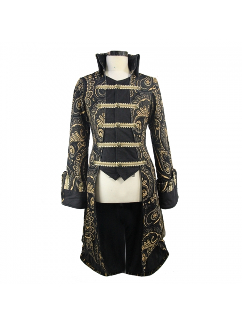 Gothic Folded Collar Gold Paisley Jacquard Fake Two Pieces Men Black Fleece Pirate Coat