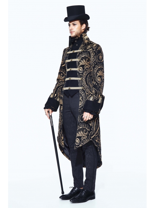 Gothic Folded Collar Gold Paisley Jacquard Fake Two Pieces Men Black Fleece Pirate Coat