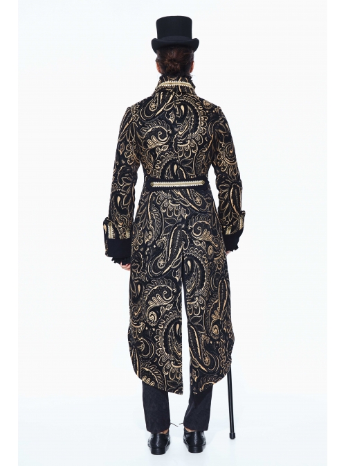 Gothic Folded Collar Gold Paisley Jacquard Fake Two Pieces Men Black Fleece Pirate Coat
