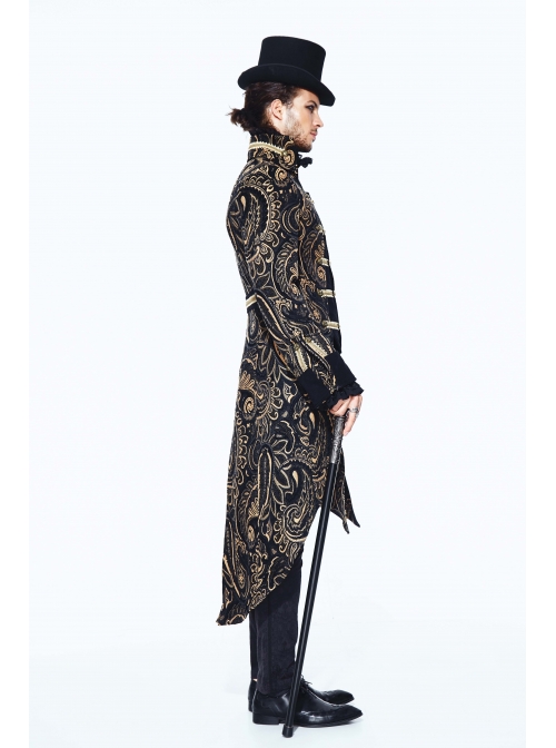 Gothic Folded Collar Gold Paisley Jacquard Fake Two Pieces Men Black Fleece Pirate Coat