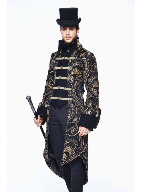 Gothic Folded Collar Gold Paisley Jacquard Fake Two Pieces Men Black Fleece Pirate Coat