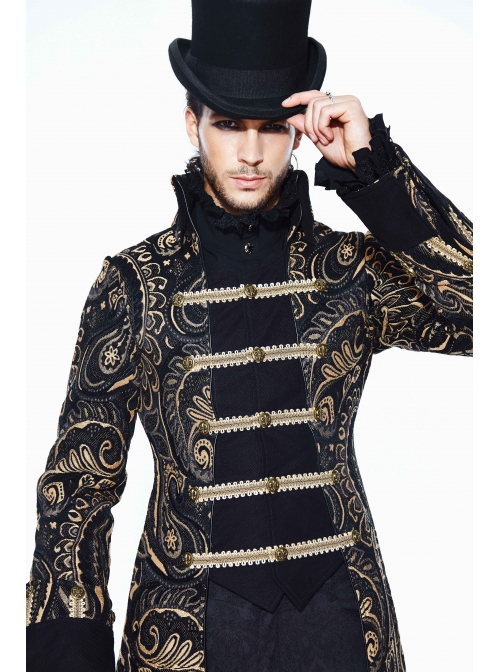 Gothic Folded Collar Gold Paisley Jacquard Fake Two Pieces Men Black Fleece Pirate Coat