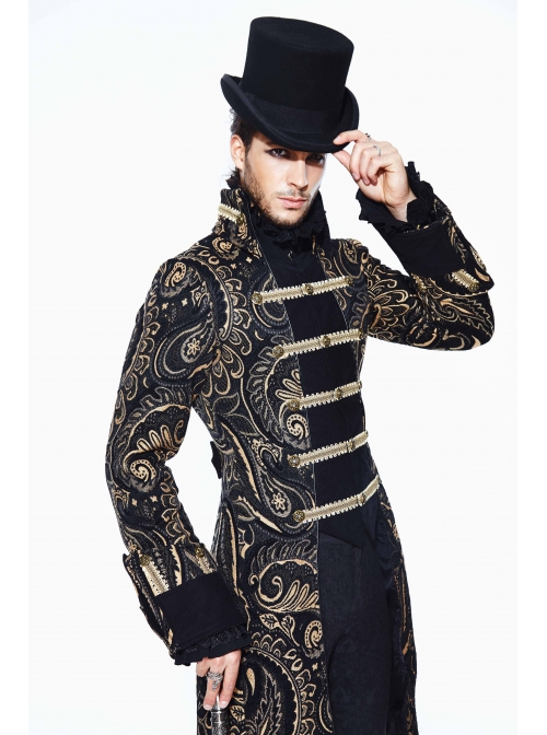 Gothic Folded Collar Gold Paisley Jacquard Fake Two Pieces Men Black Fleece Pirate Coat