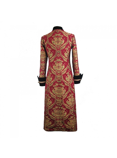 Gothic Pattern Buttons Decorated Gold Ribbons Folding Cuffs Red Jacquard Black Velveteen Long Men Coat