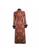 Gothic Pattern Buttons Decorated Gold Ribbons Folding Cuffs Red Jacquard Black Velveteen Long Men Coat