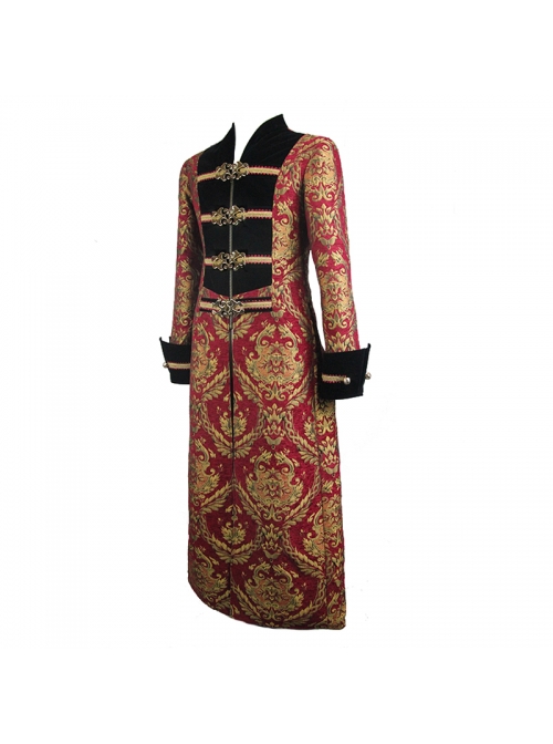 Gothic Pattern Buttons Decorated Gold Ribbons Folding Cuffs Red Jacquard Black Velveteen Long Men Coat