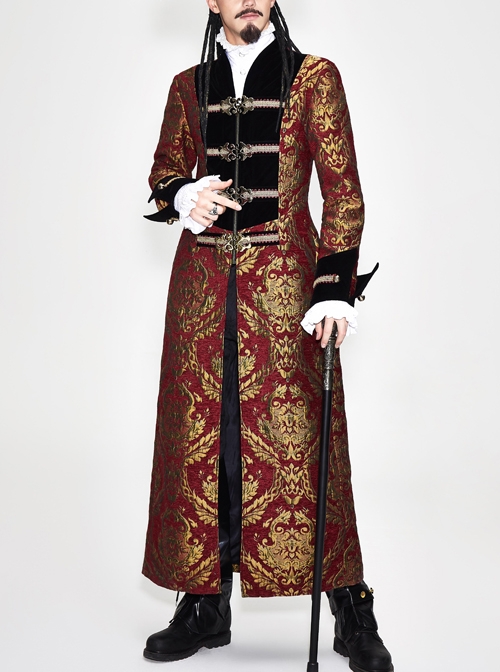 Gothic Pattern Buttons Decorated Gold Ribbons Folding Cuffs Red Jacquard Black Velveteen Long Men Coat