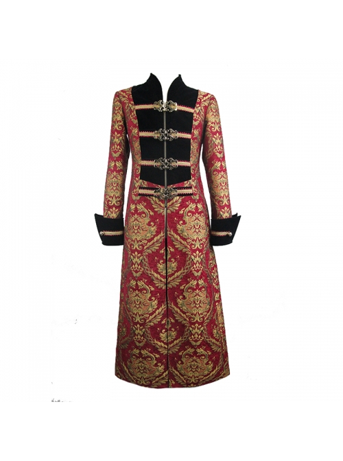 Gothic Pattern Buttons Decorated Gold Ribbons Folding Cuffs Red Jacquard Black Velveteen Long Men Coat