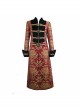 Gothic Pattern Buttons Decorated Gold Ribbons Folding Cuffs Red Jacquard Black Velveteen Long Men Coat