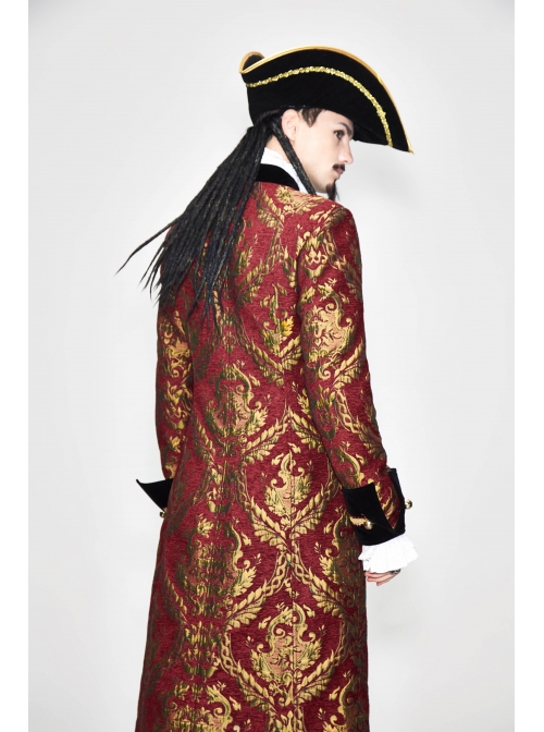 Gothic Pattern Buttons Decorated Gold Ribbons Folding Cuffs Red Jacquard Black Velveteen Long Men Coat