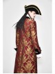 Gothic Pattern Buttons Decorated Gold Ribbons Folding Cuffs Red Jacquard Black Velveteen Long Men Coat
