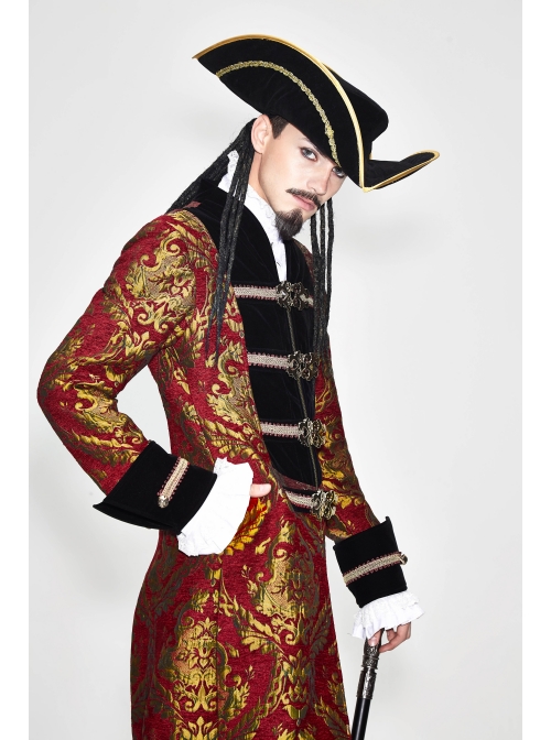 Gothic Pattern Buttons Decorated Gold Ribbons Folding Cuffs Red Jacquard Black Velveteen Long Men Coat