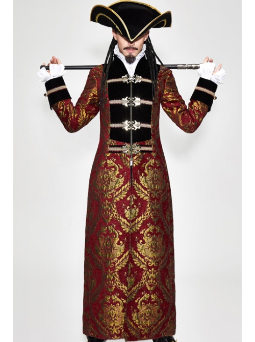 Gothic Pattern Buttons Decorated Gold Ribbons Folding Cuffs Red Jacquard Black Velveteen Long Men Coat