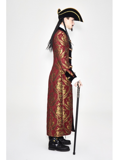 Gothic Pattern Buttons Decorated Gold Ribbons Folding Cuffs Red Jacquard Black Velveteen Long Men Coat