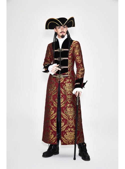Gothic Pattern Buttons Decorated Gold Ribbons Folding Cuffs Red Jacquard Black Velveteen Long Men Coat