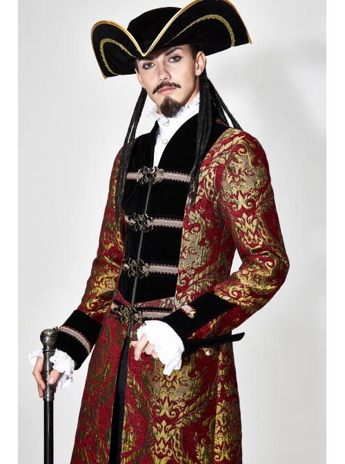 Gothic Pattern Buttons Decorated Gold Ribbons Folding Cuffs Red Jacquard Black Velveteen Long Men Coat