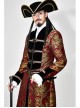 Gothic Pattern Buttons Decorated Gold Ribbons Folding Cuffs Red Jacquard Black Velveteen Long Men Coat