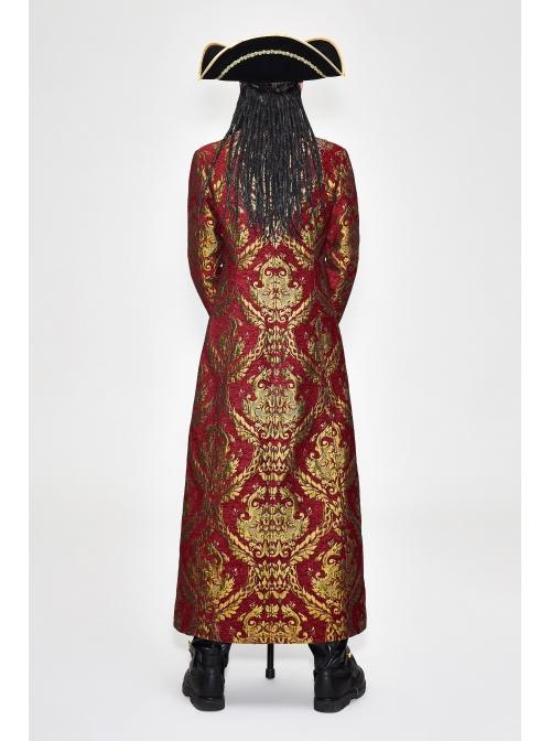 Gothic Pattern Buttons Decorated Gold Ribbons Folding Cuffs Red Jacquard Black Velveteen Long Men Coat