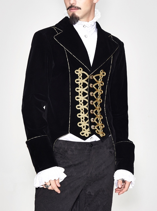 Golden Disc Flowers Decorated Buckle Hand-Embroidered Gothic Flower Black Men Coat