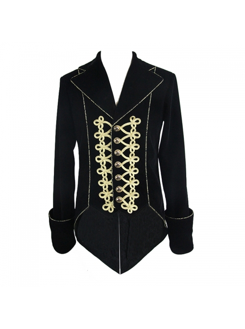 Golden Disc Flowers Decorated Buckle Hand-Embroidered Gothic Flower Black Men Coat