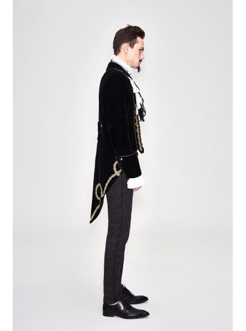 Golden Disc Flowers Decorated Buckle Hand-Embroidered Gothic Flower Black Men Coat