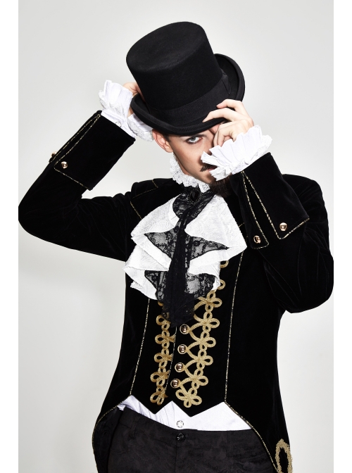 Golden Disc Flowers Decorated Buckle Hand-Embroidered Gothic Flower Black Men Coat