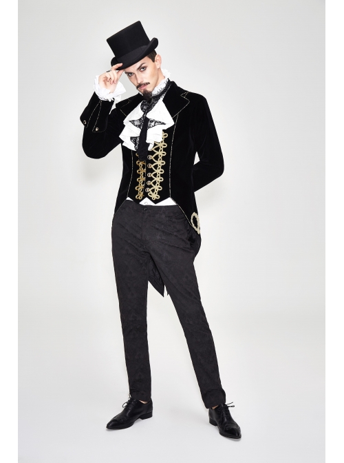 Golden Disc Flowers Decorated Buckle Hand-Embroidered Gothic Flower Black Men Coat