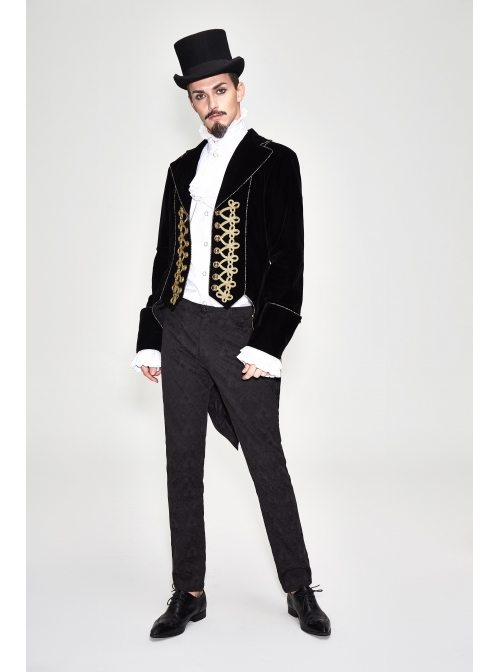 Golden Disc Flowers Decorated Buckle Hand-Embroidered Gothic Flower Black Men Coat