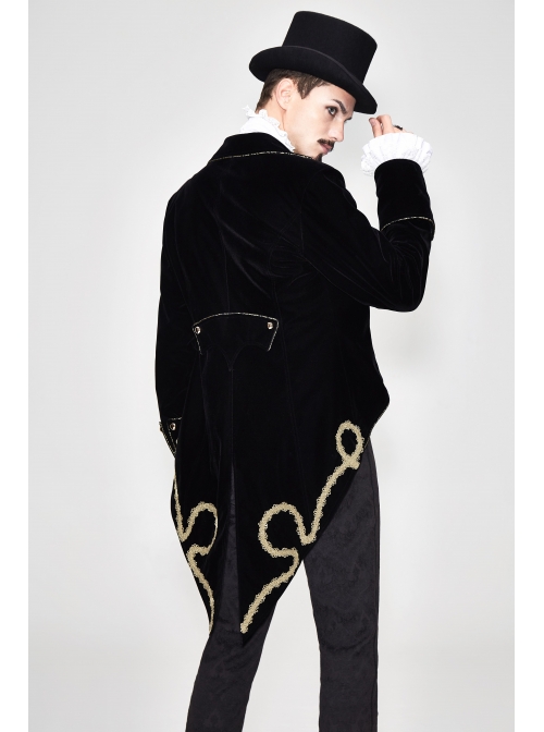 Golden Disc Flowers Decorated Buckle Hand-Embroidered Gothic Flower Black Men Coat