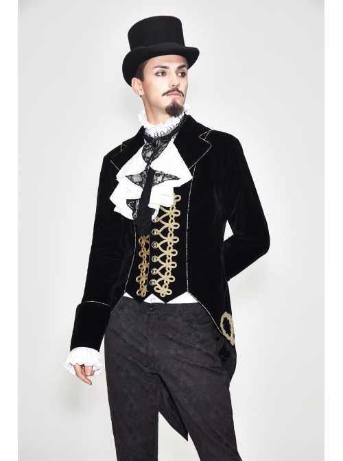 Golden Disc Flowers Decorated Buckle Hand-Embroidered Gothic Flower Black Men Coat