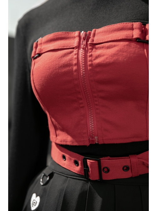 Chest Square Metal Strap Separation Belt Hollow Red Punk Tube Corset