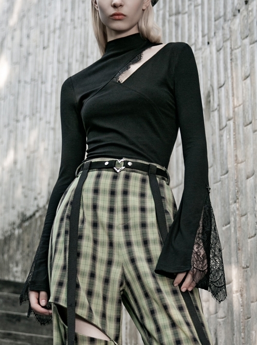 Small High Collar Chest Hollow-Out Horn Sleeve Lace Cuff Black Tight Short T-Shirt