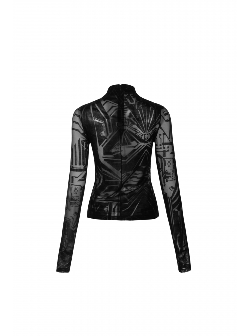 Black Small High Collar Circuit Board Pattern Printed Tight Punk T-Shirt