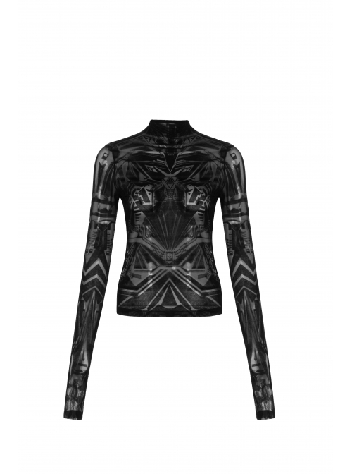 Black Small High Collar Circuit Board Pattern Printed Tight Punk T-Shirt