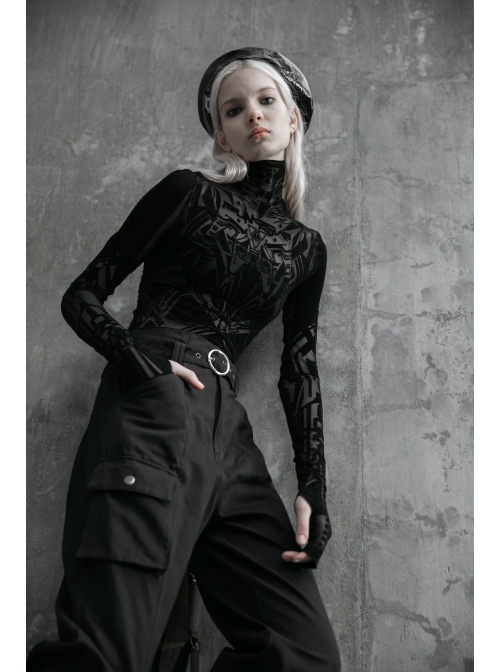 Black Small High Collar Circuit Board Pattern Printed Tight Punk T-Shirt