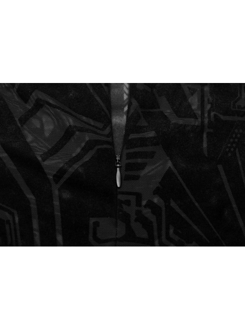 Black Small High Collar Circuit Board Pattern Printed Tight Punk T-Shirt