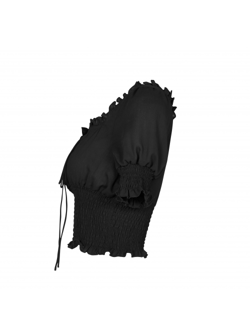 Chiffon Square Collar Chest Lace-Up Short Sleeve Frill Hem Black Gothic Short Blouse
