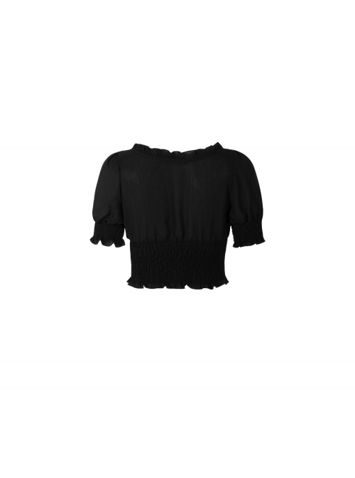 Chiffon Square Collar Chest Lace-Up Short Sleeve Frill Hem Black Gothic Short Blouse