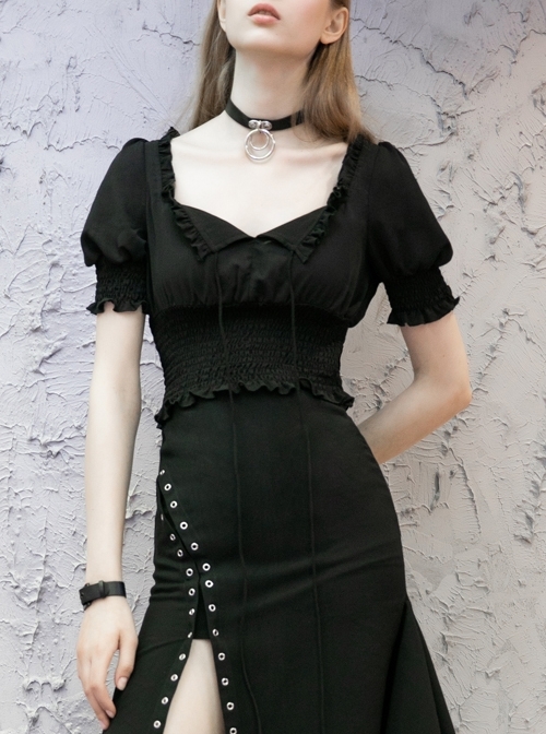 Chiffon Square Collar Chest Lace-Up Short Sleeve Frill Hem Black Gothic Short Blouse