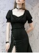 Chiffon Square Collar Chest Lace-Up Short Sleeve Frill Hem Black Gothic Short Blouse