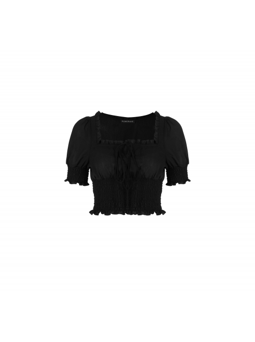 Chiffon Square Collar Chest Lace-Up Short Sleeve Frill Hem Black Gothic Short Blouse