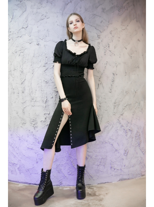 Chiffon Square Collar Chest Lace-Up Short Sleeve Frill Hem Black Gothic Short Blouse
