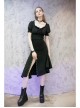 Chiffon Square Collar Chest Lace-Up Short Sleeve Frill Hem Black Gothic Short Blouse