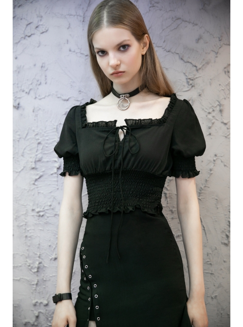 Chiffon Square Collar Chest Lace-Up Short Sleeve Frill Hem Black Gothic Short Blouse