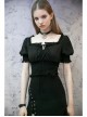 Chiffon Square Collar Chest Lace-Up Short Sleeve Frill Hem Black Gothic Short Blouse