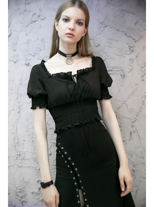 Chiffon Square Collar Chest Lace-Up Short Sleeve Frill Hem Black Gothic Short Blouse