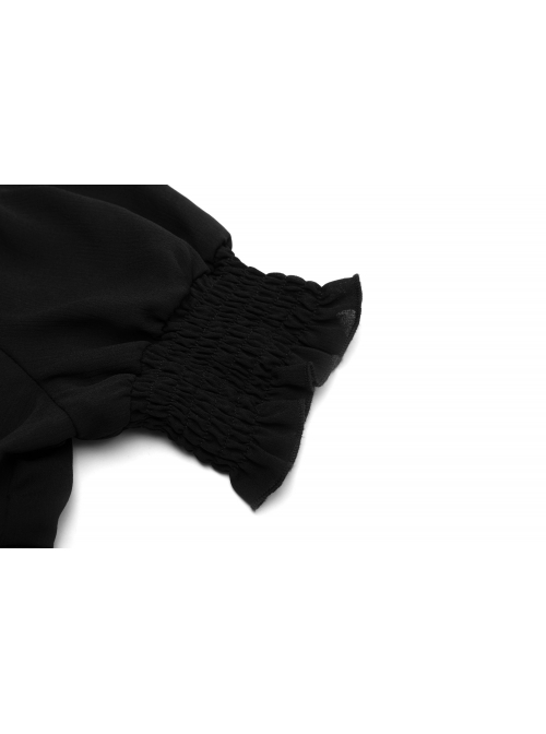 Chiffon Square Collar Chest Lace-Up Short Sleeve Frill Hem Black Gothic Short Blouse