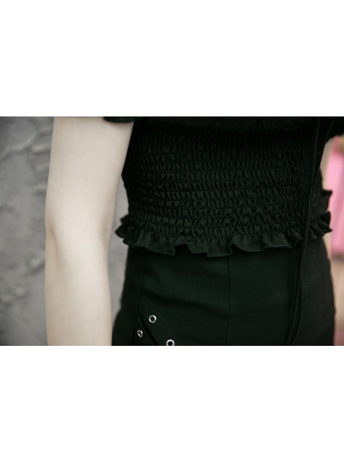 Chiffon Square Collar Chest Lace-Up Short Sleeve Frill Hem Black Gothic Short Blouse